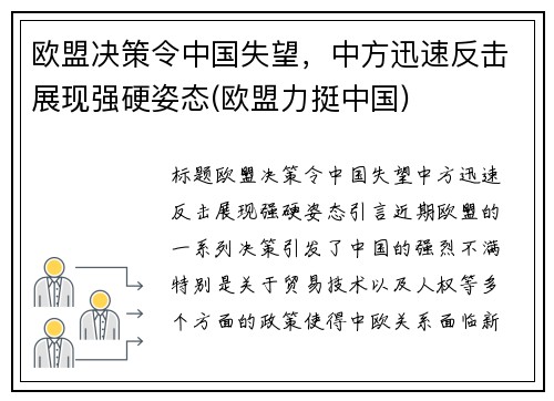 欧盟决策令中国失望，中方迅速反击展现强硬姿态(欧盟力挺中国)