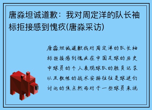 唐淼坦诚道歉：我对周定洋的队长袖标拒接感到愧疚(唐淼采访)