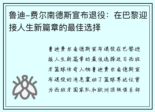 鲁迪-费尔南德斯宣布退役：在巴黎迎接人生新篇章的最佳选择